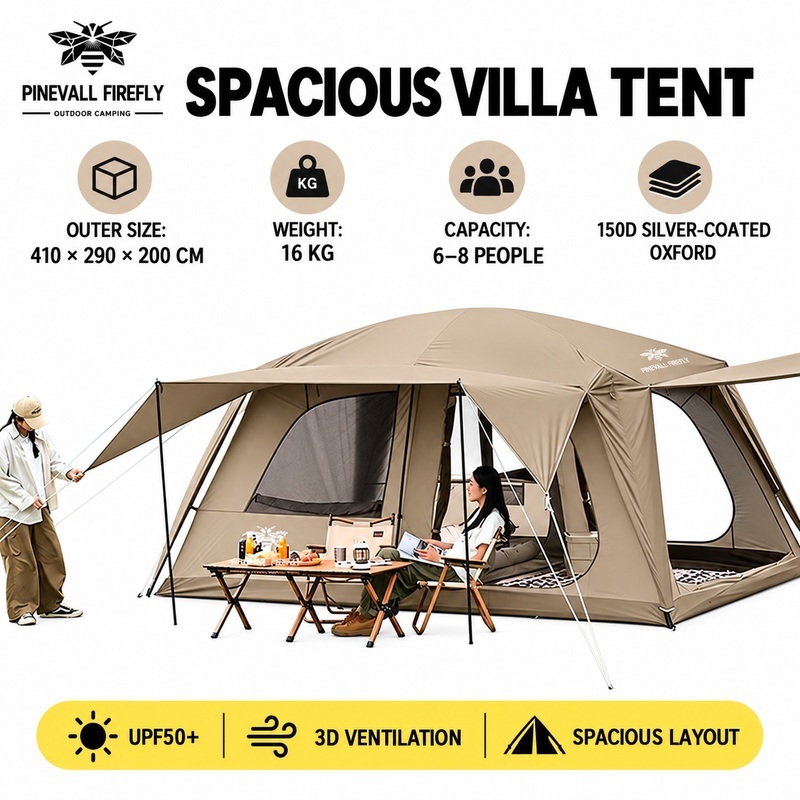 PINEVALI FIREFIY Poon Saan Villa Family Tent Camping Portable Folding Tent Two Rooms Three Hall Living Room Manual Unta Tent