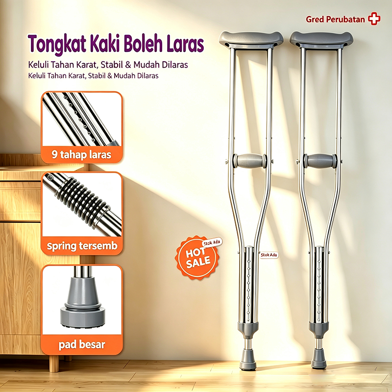 Tongkat Kaki Dewasa Aluminium Boleh Laras 9 Tahap dengan Spring Penyerap Kejutan, Tongkat Sokongan Pesakit Sakit Kaki & Orang Gemuk, AntiSlip Pad Besar Gred Perubatan