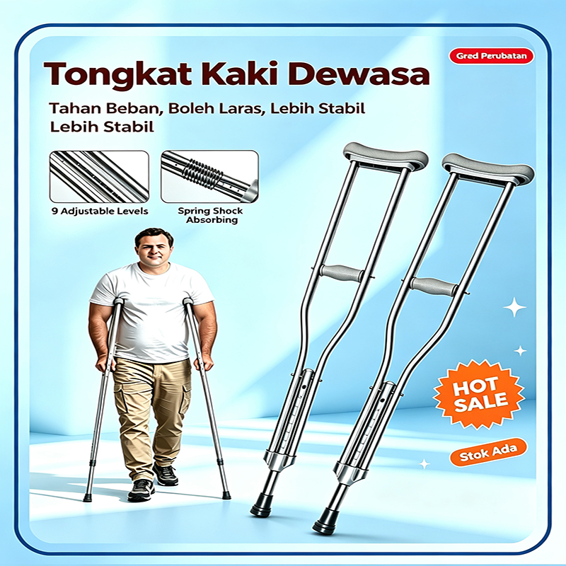 Tongkat Kaki Dewasa Aluminium Boleh Laras 9 Tahap dengan Spring Penyerap Kejutan, Tongkat Sokongan Pesakit Sakit Kaki & Orang Gemuk, AntiSlip Pad Besar Gred Perubatan