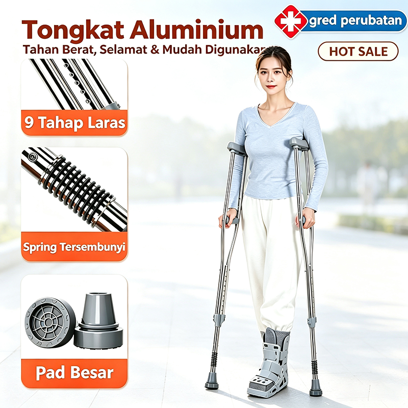 Tongkat Kaki Tahan Beban Berat Boleh Laras 9 Aras, Aluminium Anti Karat Dengan Spring Penyerap Kejutan, Tongkat Bantu Berjalan Pesakit & Orang Gemuk