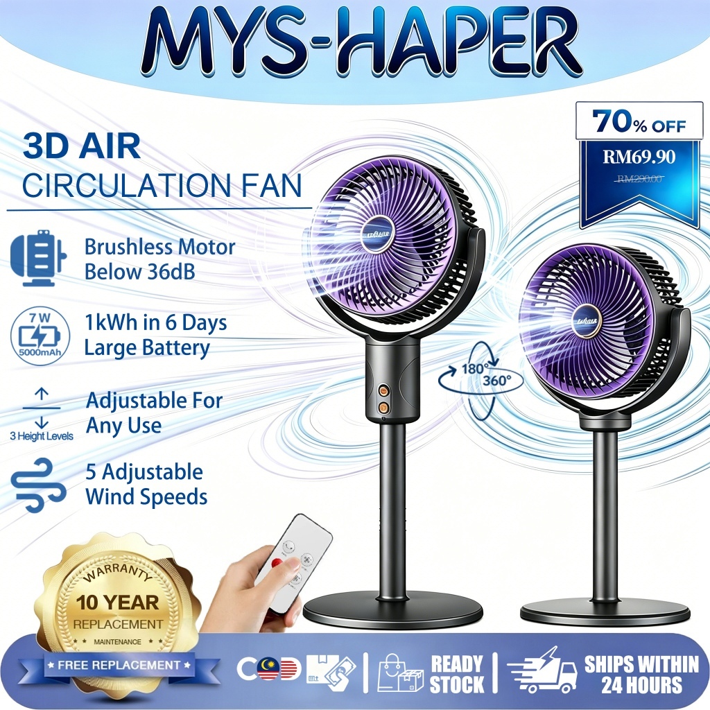 [ Jaminan 10 Tahun ] 3D Air Circulation Fan 2 IN 1 Floor & Table Fan Adjustable Height Quiet Oscillating Fan