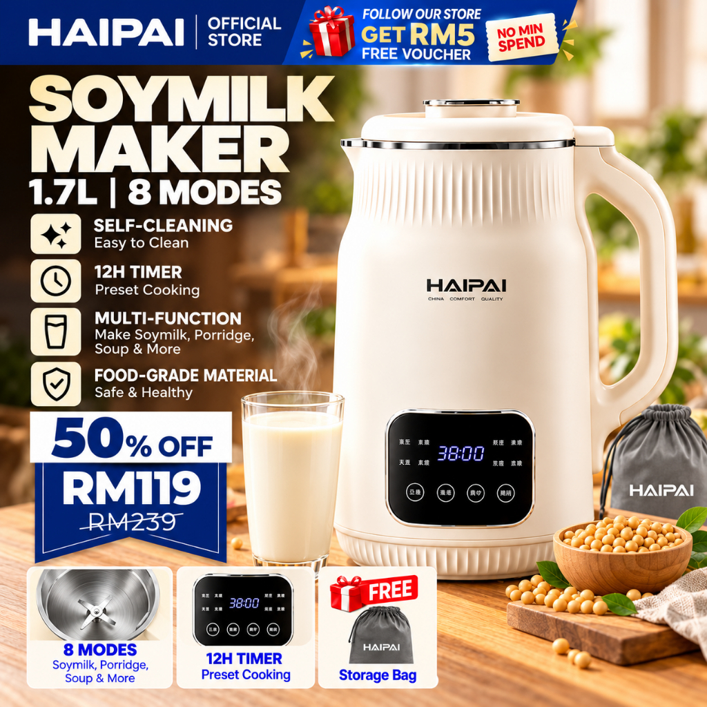 HAIPAI Soy Milk Maker 1.7L Automatic | 8 Modes Multifunction Heating Blender Self Cleaning | 304 Stainless Steel Blade 12H Timer | Mesin Soya Pembuat Susu Soya