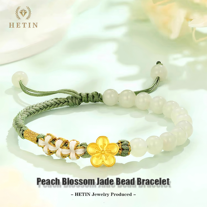 【HETIN】999 Pure Gold Peach Blossom Bracelet charm Chain Investment Gold Bar Pendant