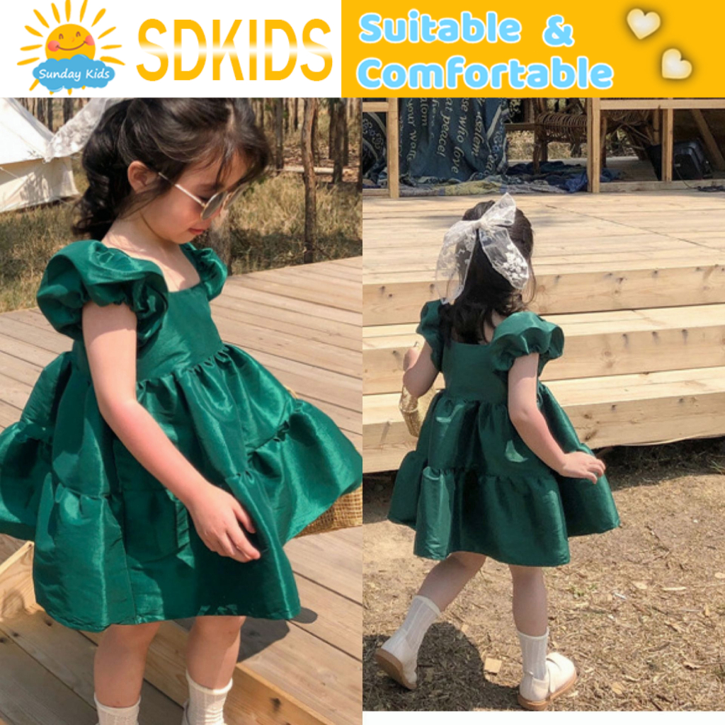 Children's Bubble Sleeve Dress Summer Korean Edition Girls' Sweet Green Skirt 1-7 Year Old Children's Clothing