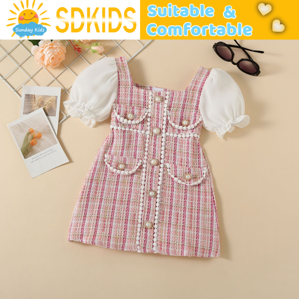 Kids Baby Girls Tweed Plaid Pearl Button Small Hair Ball Decoration Fragrant Bubble Sleeve Dress for kids girls 3 years old