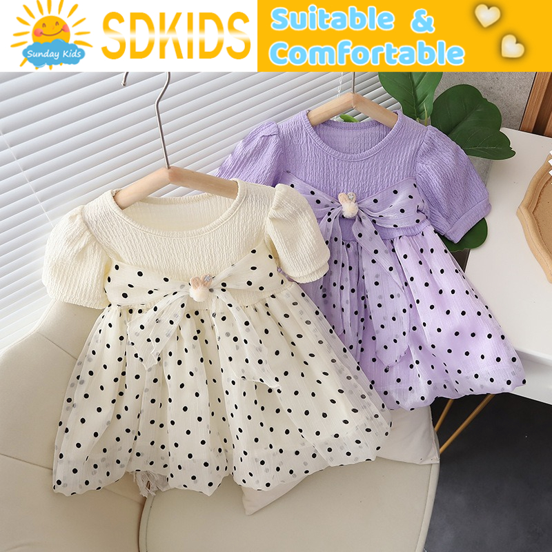 Girls' summer dress girls' polka dot bow short sleeved cute princess dress Suitable for girls aged 1-5