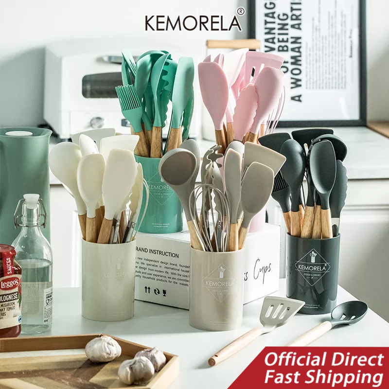 KEMORELA Silicone Shovel Non-stick Frying Pan Cooking Shovel 13PCS Heat-resistant Health Silicone Kitchen Tool Cooking Utensils Set Kitchen Measuring Spoons Utensils Baking Tools With Storage Box Silicone Spatula Shovel Soup Scoop Brush