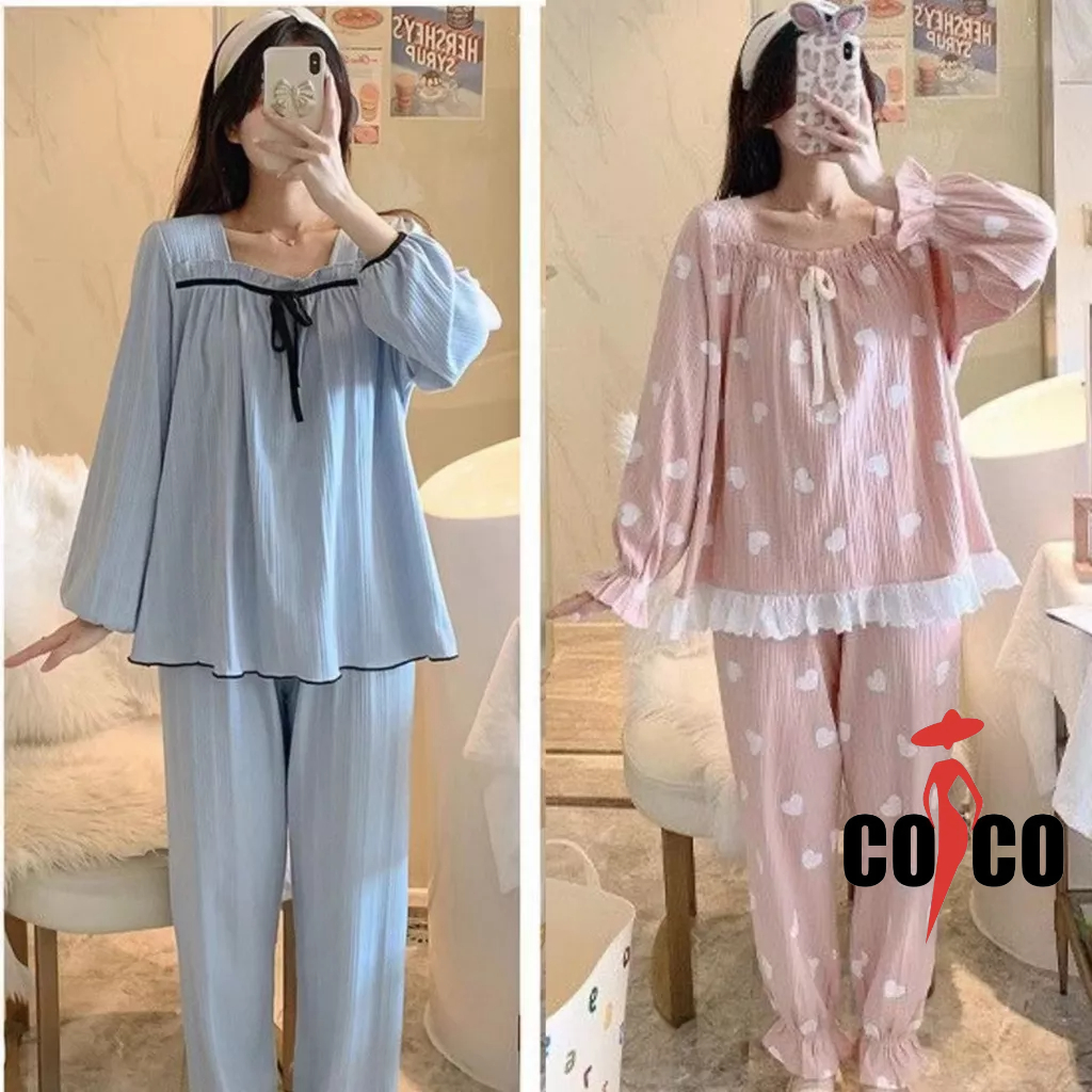 S-4XL Large Size Love Heart Square Neck Comfortable Pajamas Women Autumn Winter Hot-Selling Long-Sleeved Suit Loungewear Two @-