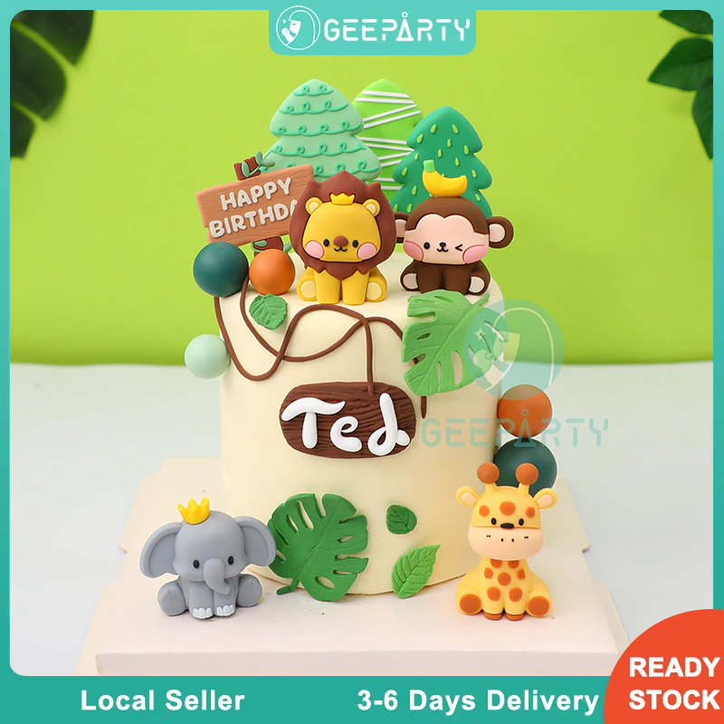 GeeParty New 3D Cute Animal Theme Cake Topper Woodland Jungle Safari Lion Monkey Tiger Soft Rubber Cake Decoration Kids Birthday Party Needs