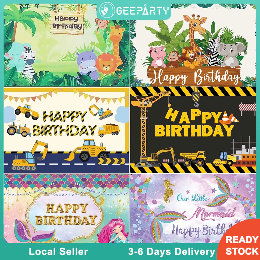 GeeParty 150*100cm Fabric Themed Pattern Background Backdrop Cloth Decoration for Birthday Party Photo Booth(animal/dinosaur/mermaid/construction/butterfly)