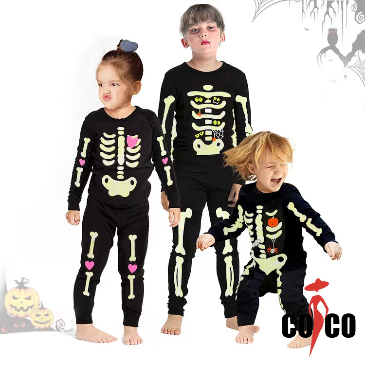 【Fluorescence effect】New family pajamas Halloween children's suits boys and girls baby skeleton one-piece children's clothing