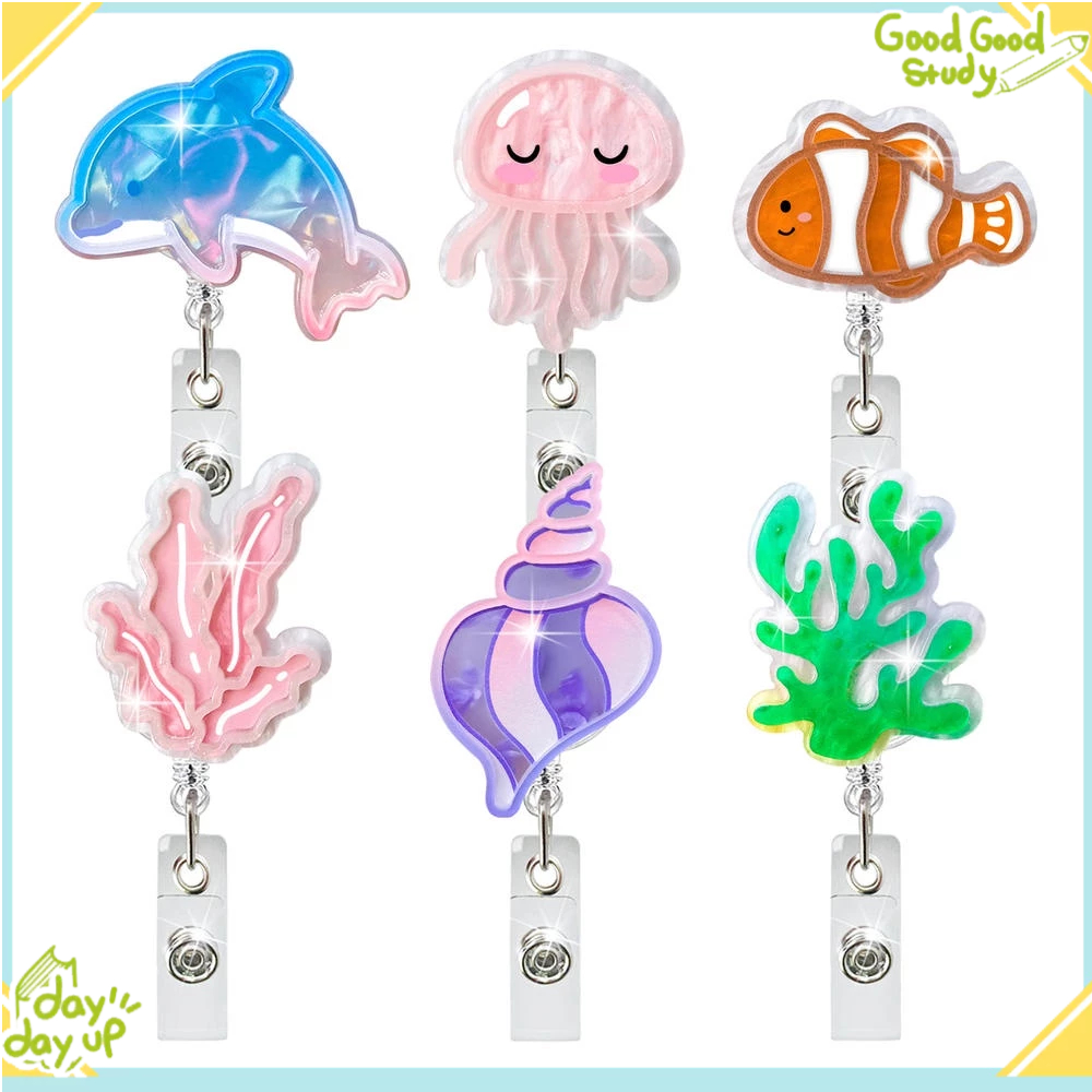 Protection Marine Life Easy Pull Buckle ID Badge Holder Dolphin Jellyfish Coral Elastic Acrylic Retractable Badge Reel Clip for Students Teachers Doctors Nurses ID Card Holder