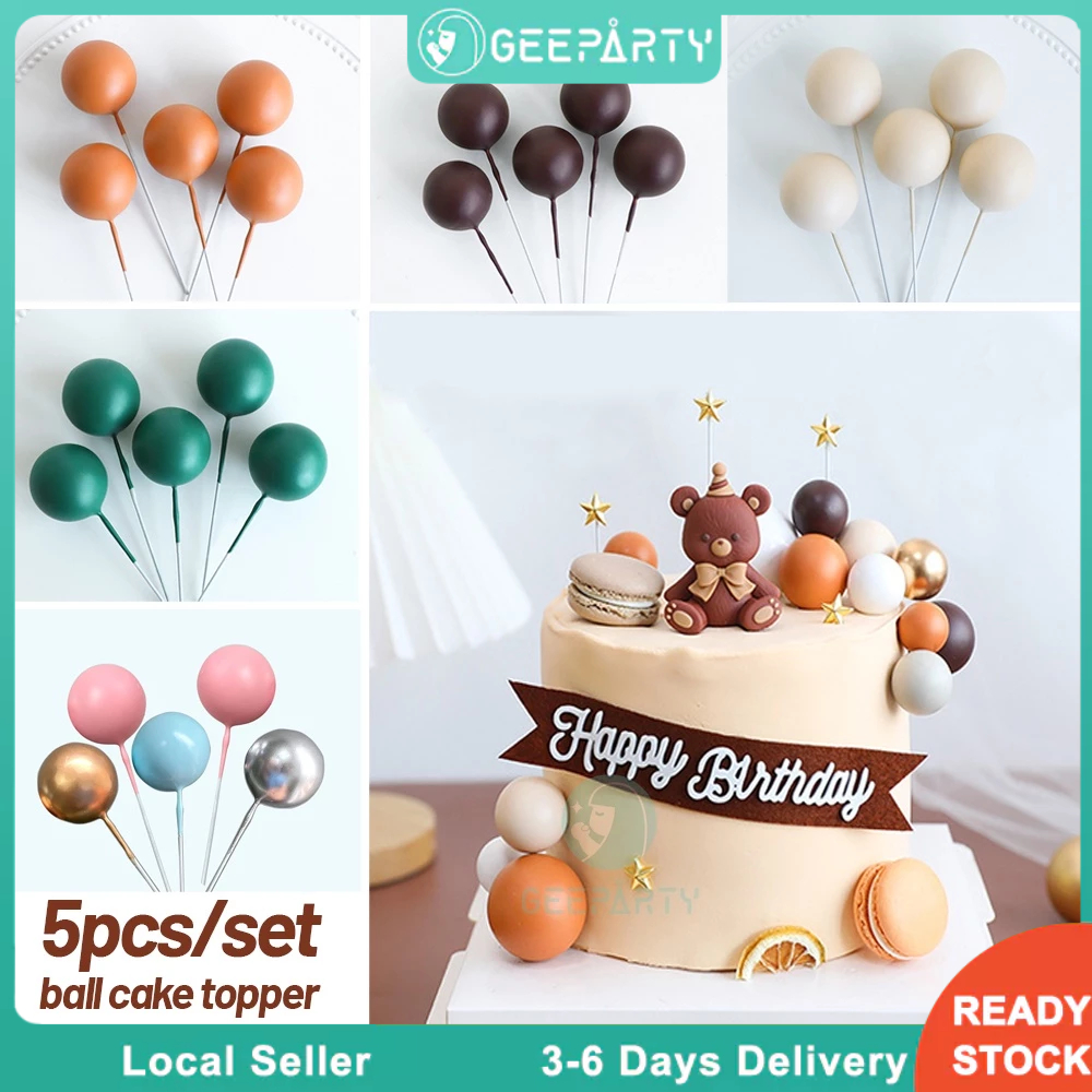 GeeParty 5 Pcs Balls Cake Topper Decoration Birthday Ball Gold Pink Khaki Baking Supplies Party Cake Decors