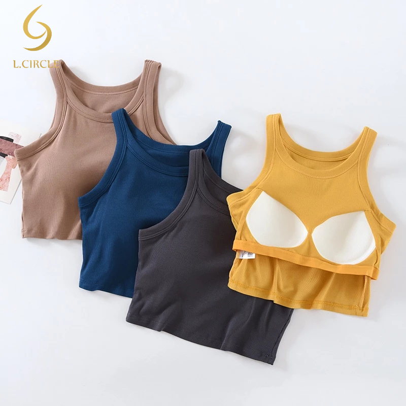 【L.CIRCLE】Women's Round Neck Padded Slim Elastic Vest Outside Wear Short Tops