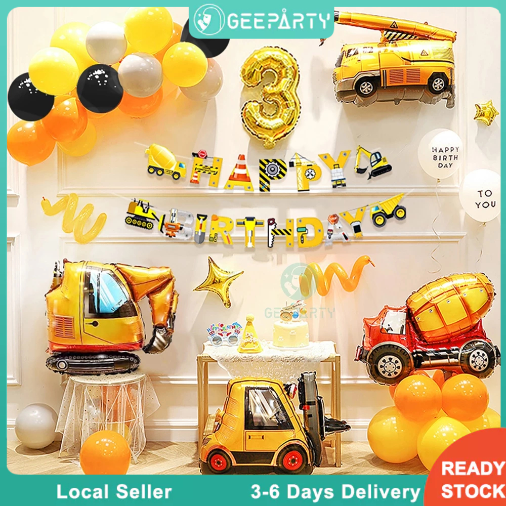 GeeParty 51 Pcs/Set Construction Theme Birthday Decorations Truck Foil Balloon Banner Party Needs