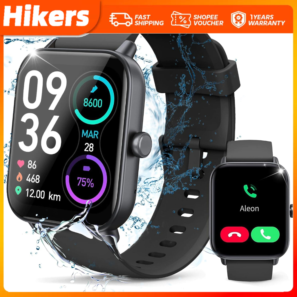 Hikers Smart Watch for Men and Women(Answer/Make Calls) 1.8 Inch Screen Customizable Wallpapers Built-in Alexa Fitness Watch with Heart Rate SpO2 Sleep Monitor 100+ Sports IP68/5ATM Waterproof Smart Watch Works with iOS and Android Phones 1 Year Warranty