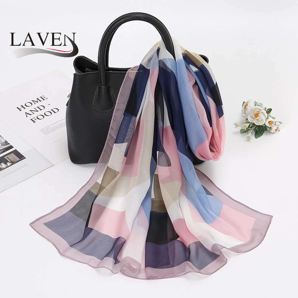 LAVEN Georgette Chiffon Shawl Plaid Splice Colorful Tudung Women Thin All-Match Chiffon Silk Scarf Shawl