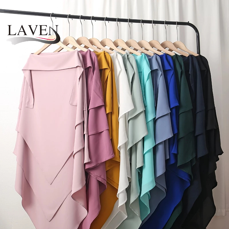 LAVEN Muslim Women Three Layers Abaya Turban Head Shawls Solid Color Islamic Clothing Khimar Jilbab Hijab