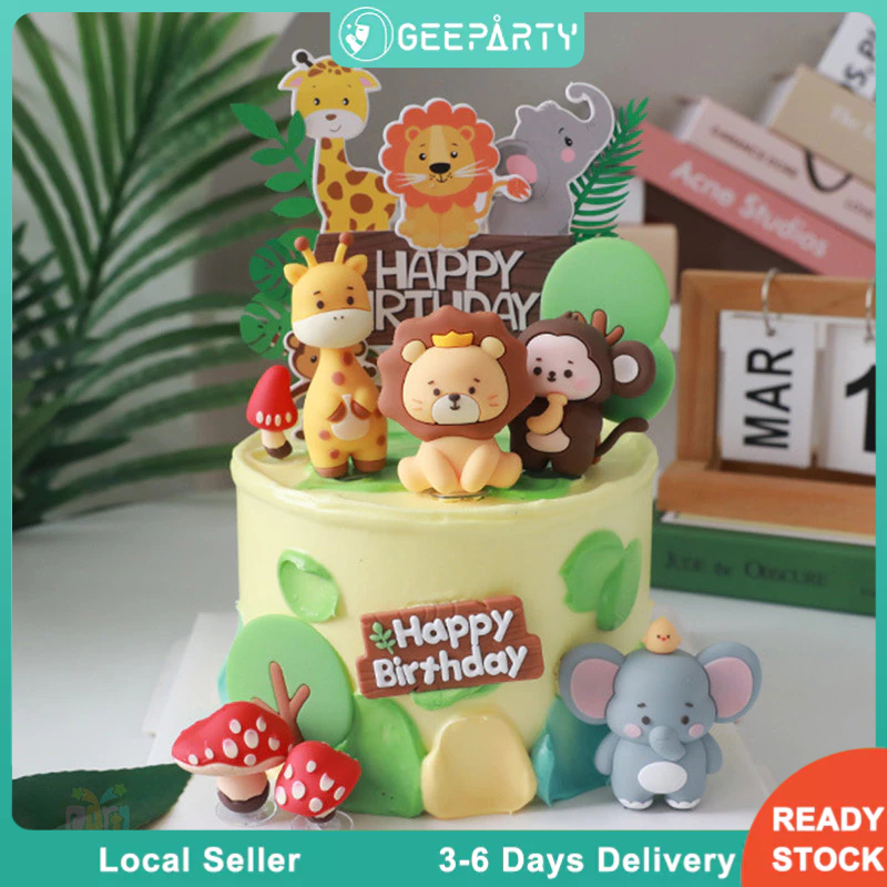 GeeParty New Safari Animals Cake Topper Jungle Lion Elephant Monkey for Kids Birthday Party Supplies Cake Decoration