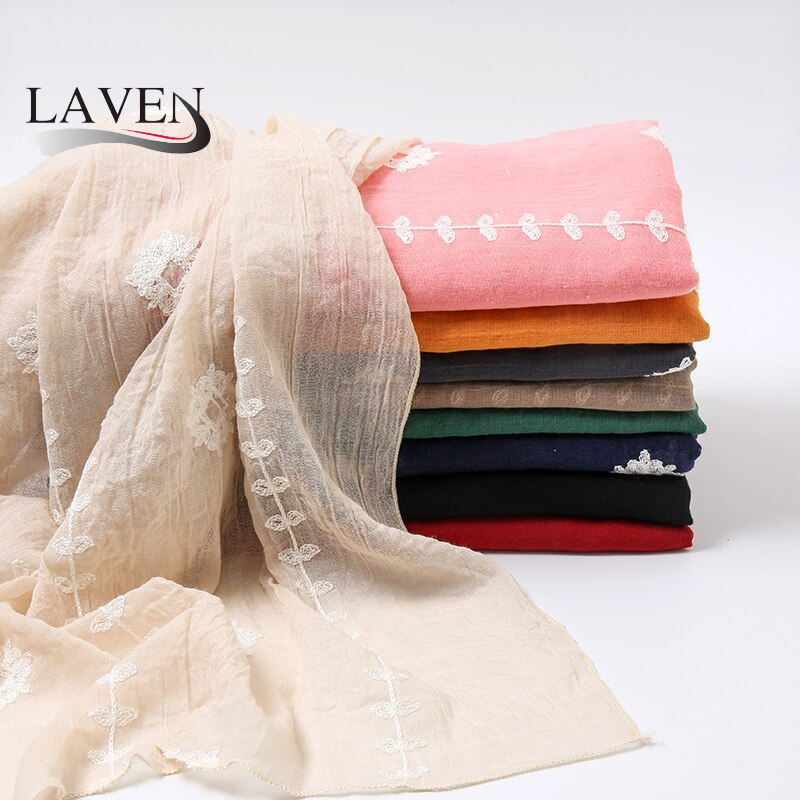 LAVEN Wide Big Size Shawl Soft Embroidered Cotton Hijab Scarf Muslim Headscarf Tudung Women Foulard Scarves Wrap