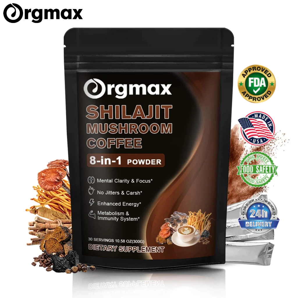 Orgmax Shilajit Mushroom Coffee 8 in 1 Powder Enhance Energy Shilajit Extract Ashwagandha Mental Clarity & Focus Instant Coffee