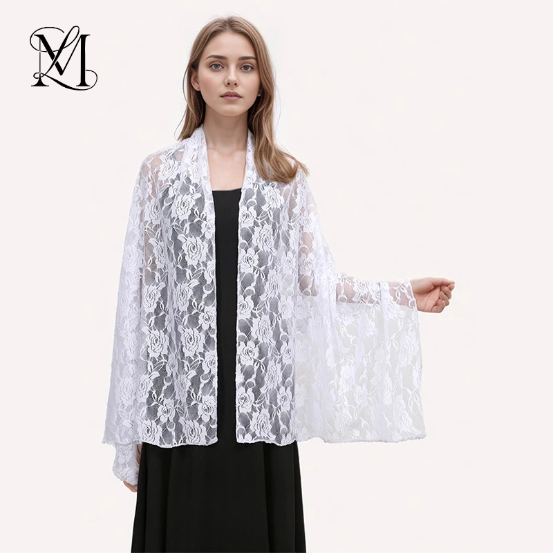 LOVOSME Solid Rose Lace Shawl Scarf Floral Embroidery Hijab Scarf Fashion Hollow Out Wedding Bridal Shawls Wraps