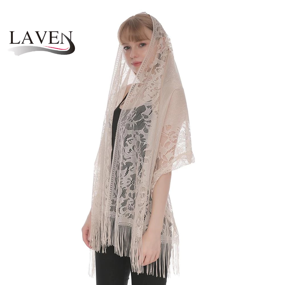 LAVEN Lace Bride Shawl Floral Tassel Scarf Hollow Solid Color Breathable Tudung Muslim Hijab Women Long All-Match Shawl