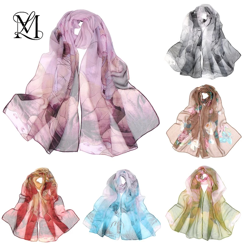 LOVOSME Colorful Lotus Printed Shawl Scarf Georgette Pashmina Shawl Sunscreen Hijab Thin Muslim Headscarf