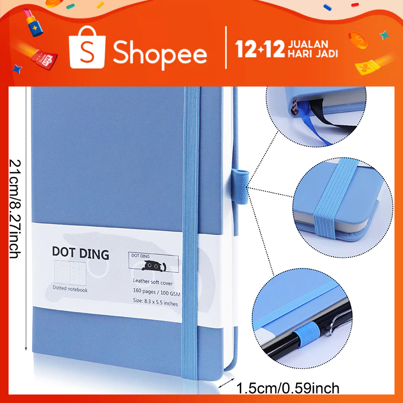 A5 PU Diary Dot Matrix Notebook Black Blue Leather Cover Paper 160 Pages School Office Supplies Stationery