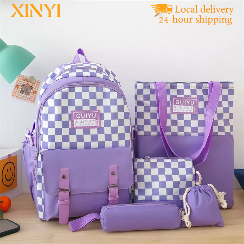 【当地发货】New Korean style fashion backpack multi-piece set plaid backpack Harajuku girl campus bag