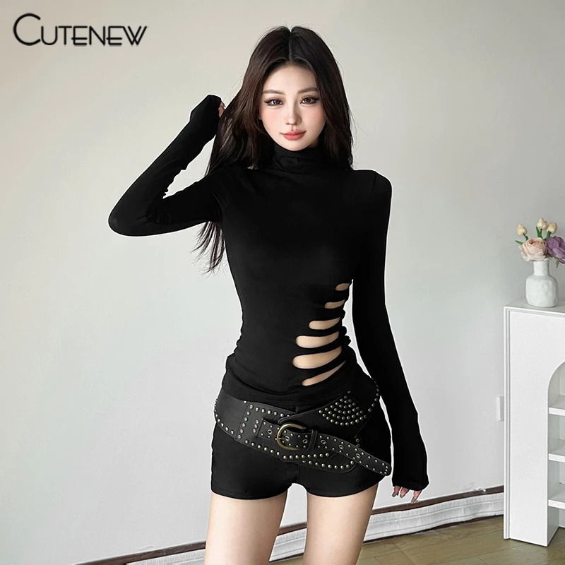 Cutenew Casual T-shirt Small Turtleneck Long Sleeves Skinny Solid Personality Hot Chick Niche Design Look Thinner Versatile Atmosphere Style 2024 Hot New