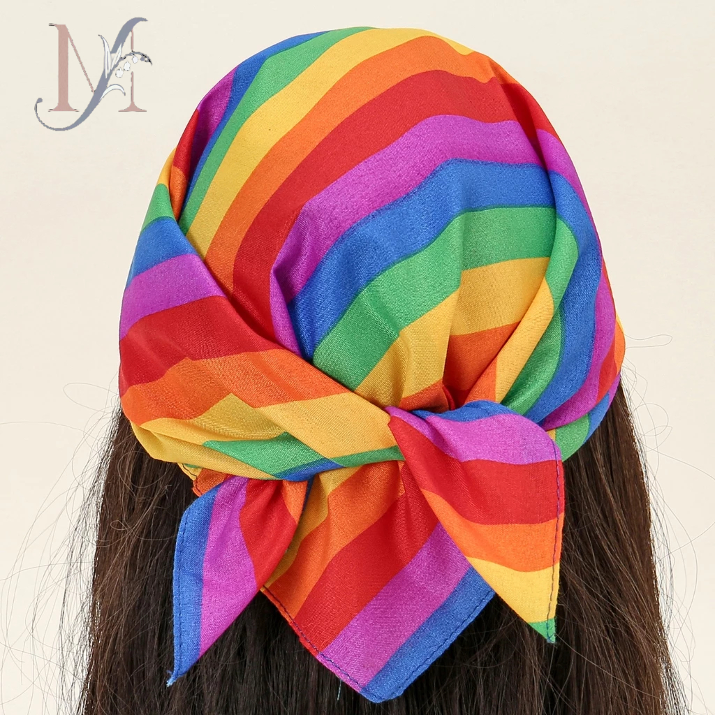 LMLAVEN New Rainbow Stripe Square Scarf Hijabs Wrap Printed Muslim Hijab Bandana Fancy Kerchief Cotton Headband Turban
