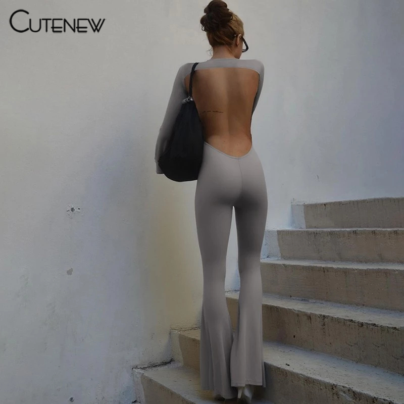 Cutenew Long Sleeves Patchwork Wide Legs Backless Solid Jumpsuit