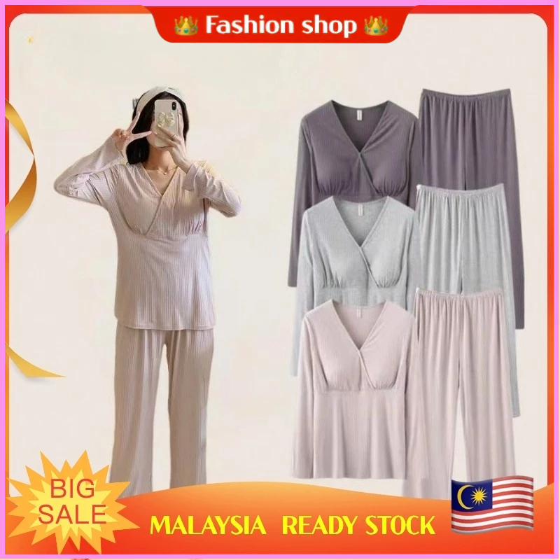 【MALAYSIA READY STOCK】Large Size Confinement Clothing Thin Section Postpartum Nursing Home Care Maternity Pajamas Set
