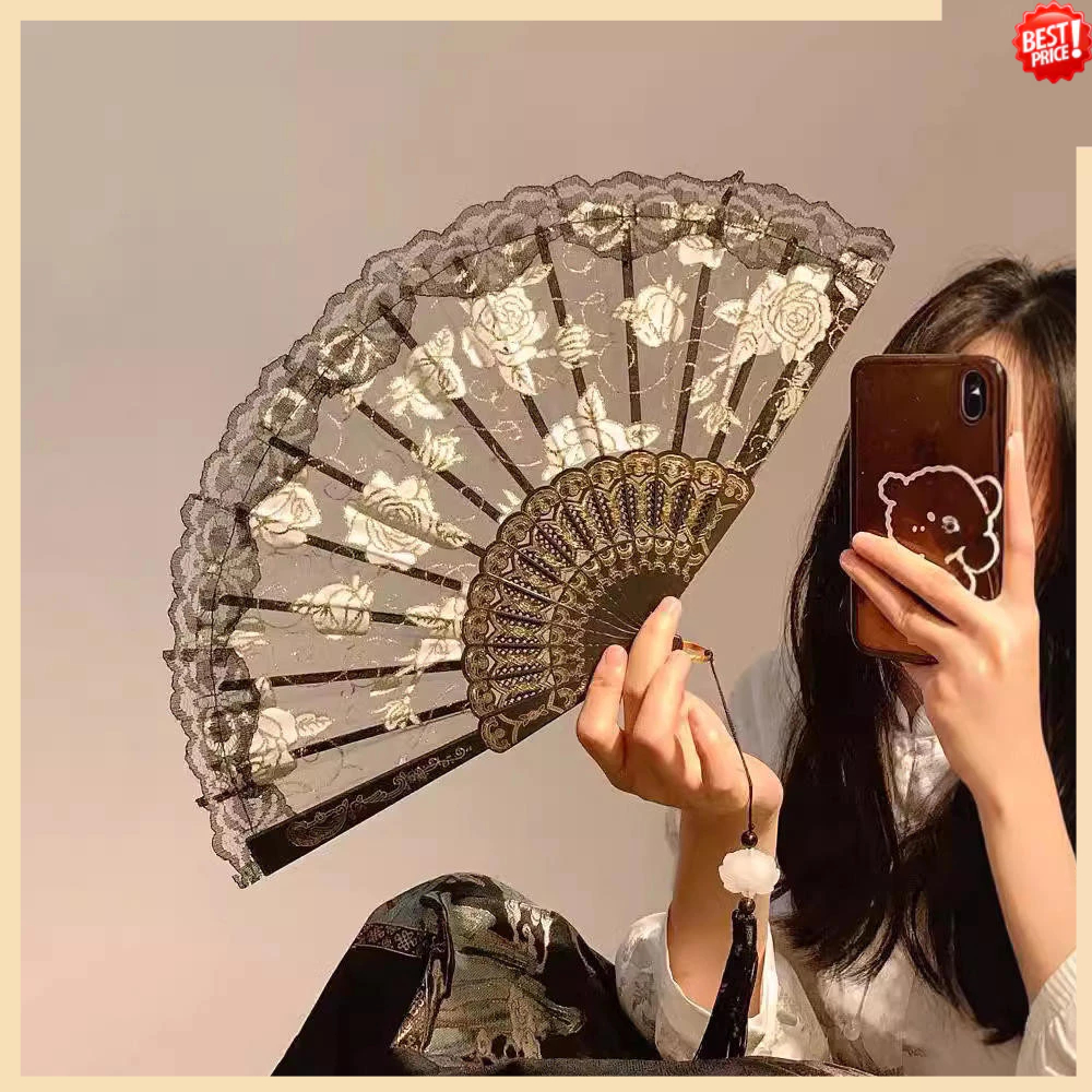 Rose Hand Fan Folding Lace Fan Handcrafted Lace for  Cosplay Home Decor Photo Props