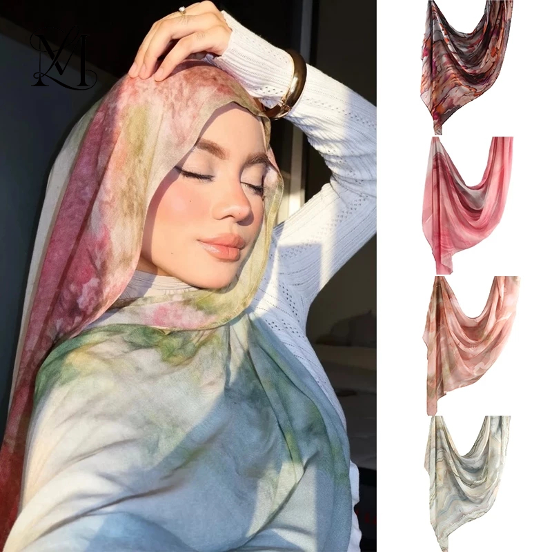 LOVOSME Tie-Dyed Printed Scarf Hijab Colorful Muslim Headscarf Cotton Linen Shawl Women Travel Tudung