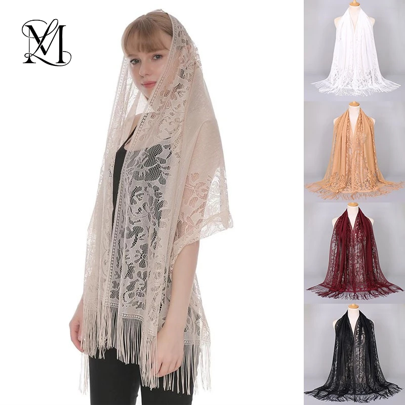 LOVOSME Lace Bride Dresses Tassel Shawl Plain Floral Hollow Out Breathable Scarf Muslim Tudung Women Headscarf