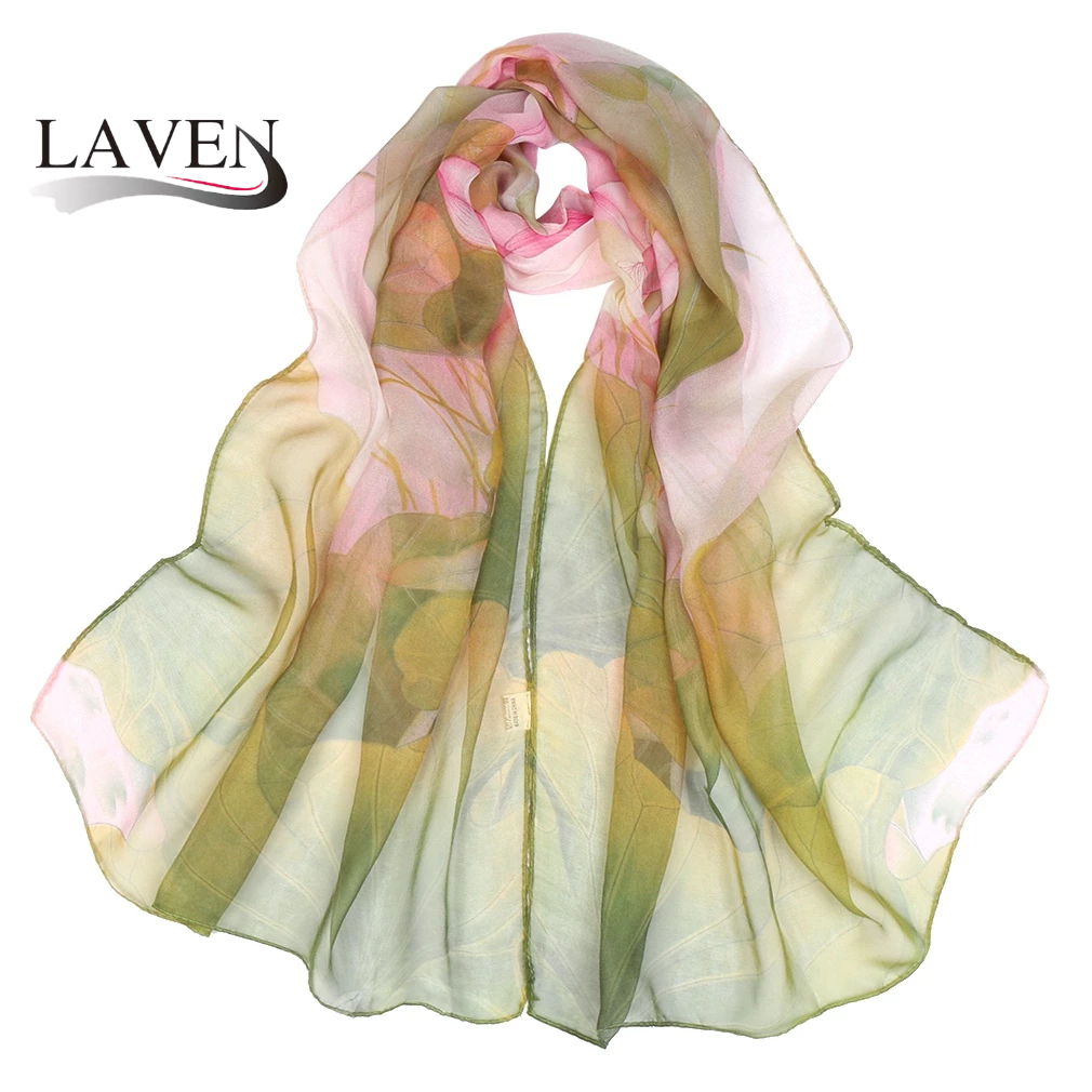 LAVEN Gradient Floral Printed Hijab Chiffon Shawl Colorful Lotus Scarf Ultra-thin Travel Vacation Scarf Accessories