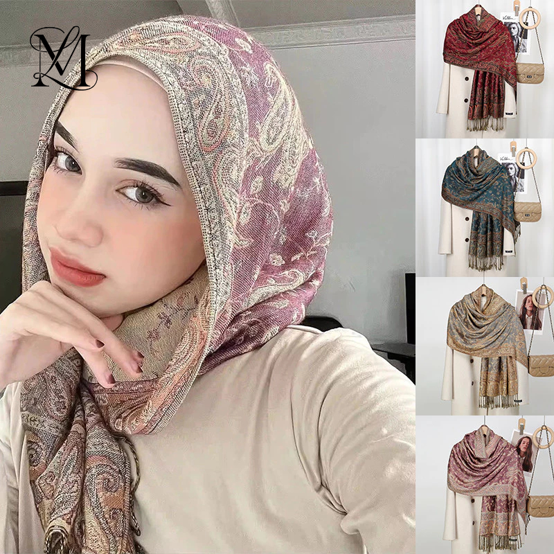 LOVOSME Retro Cashew Ethnic Pashmina Shawl Muslim Headscarf National Style Tassel Scarf Women Air Condition Shawl Wrap