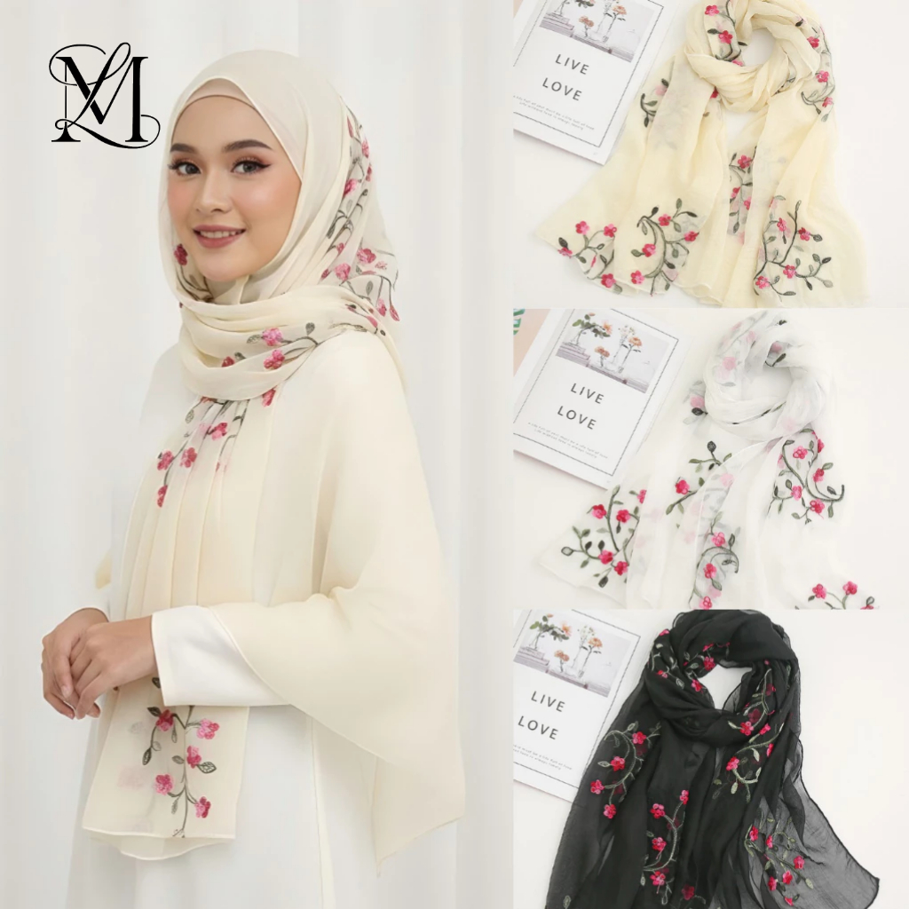 LOVOSME Floral Embroider Scarf Summer Thin Sunscreen Shawl Muslim Hijab Soft Wraps Headscarf Shawls Scarves