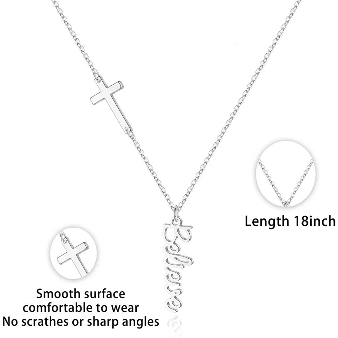 Stainless Steel Letter Cross Pendant Necklace Silver Color Chain for Women Religious Jewelry Gift Hope Faith Jesus Love Blessed