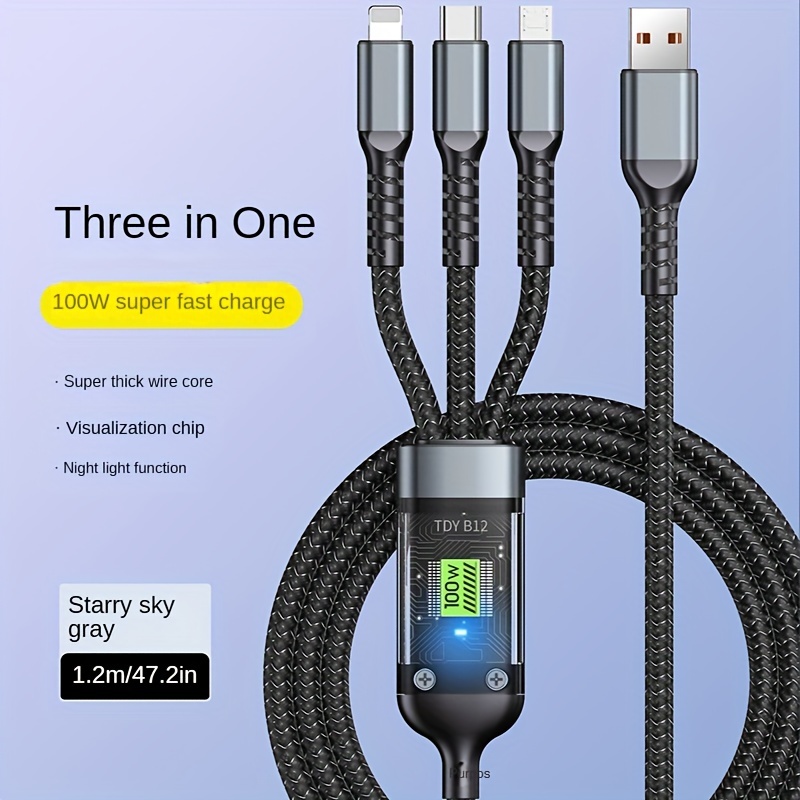 3 for 1 Data Cable, PD100W Digital Display Data Cable, Fast Charging Cable, Suitable for Apple Android Charging Cable