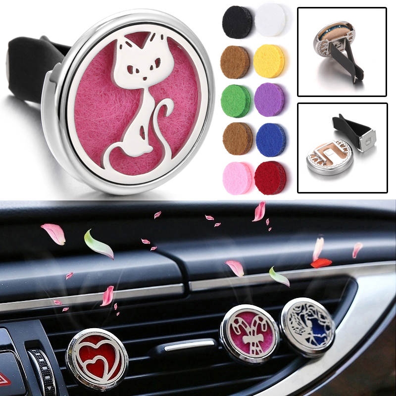 New Aromatherapy Car Perfume Diffuser Locket Stainless Steel Alloy Heart Pattern Car Air Freshener Vent Clip Jewelry + 10pcs Pad