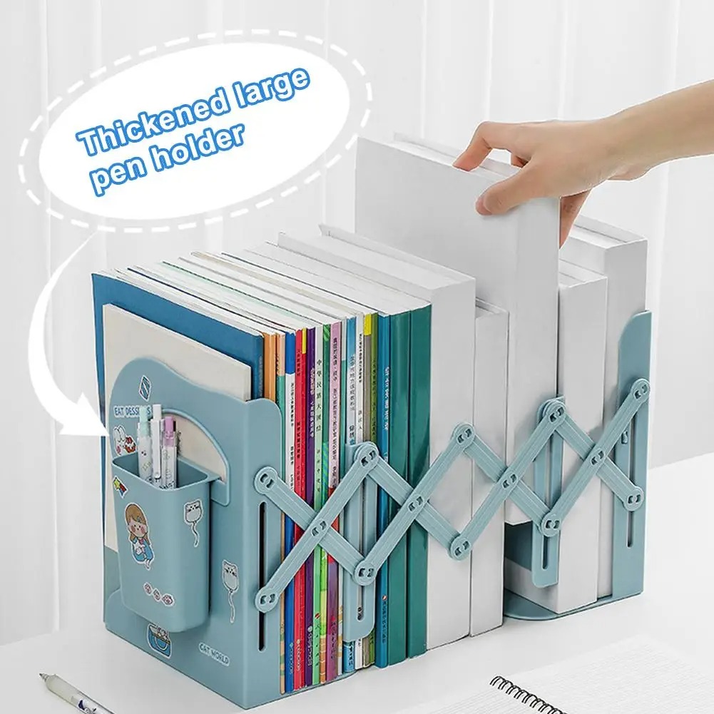 Retractable Bookends For Shelves Book Support Stand Set Adjustable Bookshelf With Pen Holder Desk Organizer Office Accessories