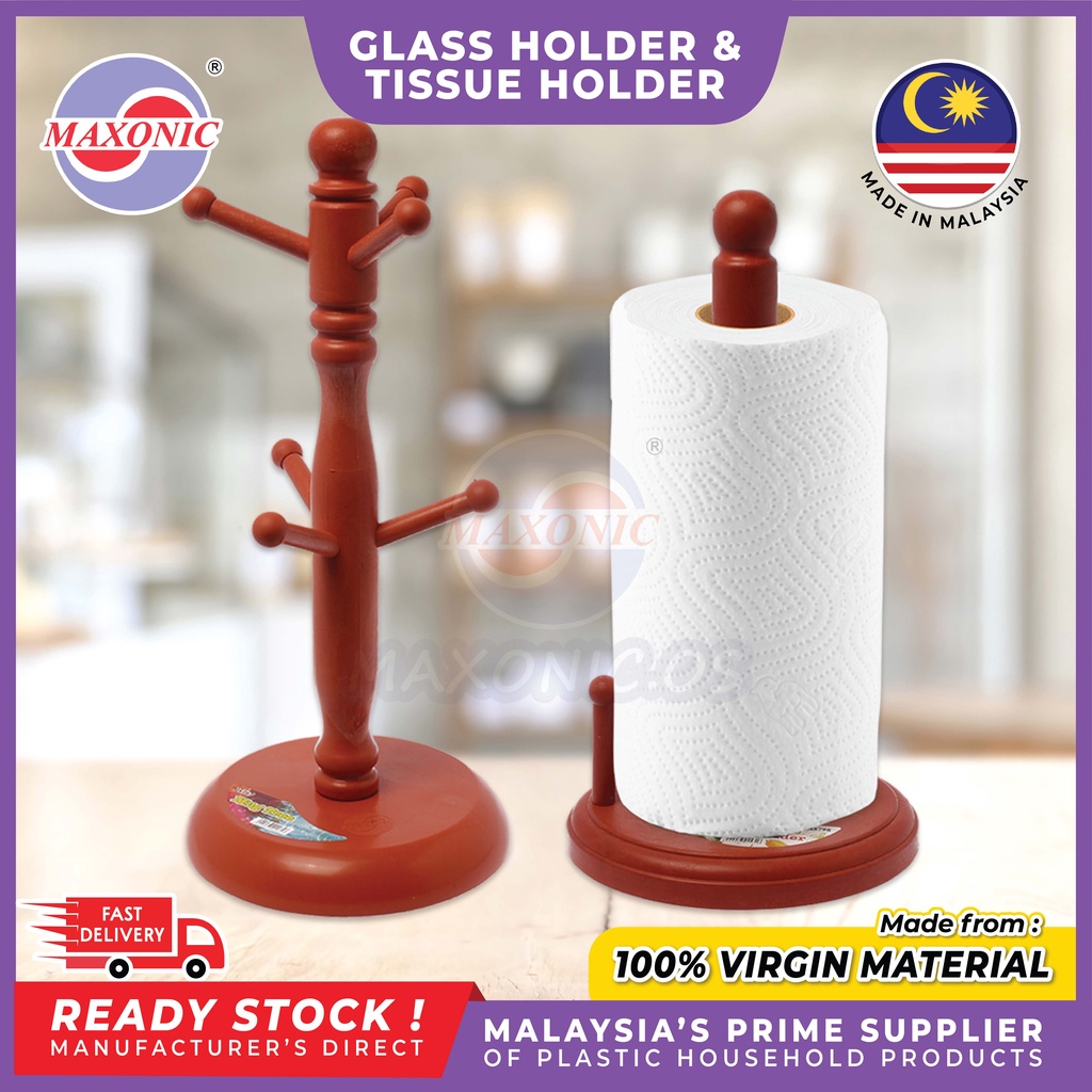 MAXONIC 2 IN 1 COMBO SET GLASS HOLDER + TISSUE HOLDER PAPER TOWEL STAND GLASS STAND