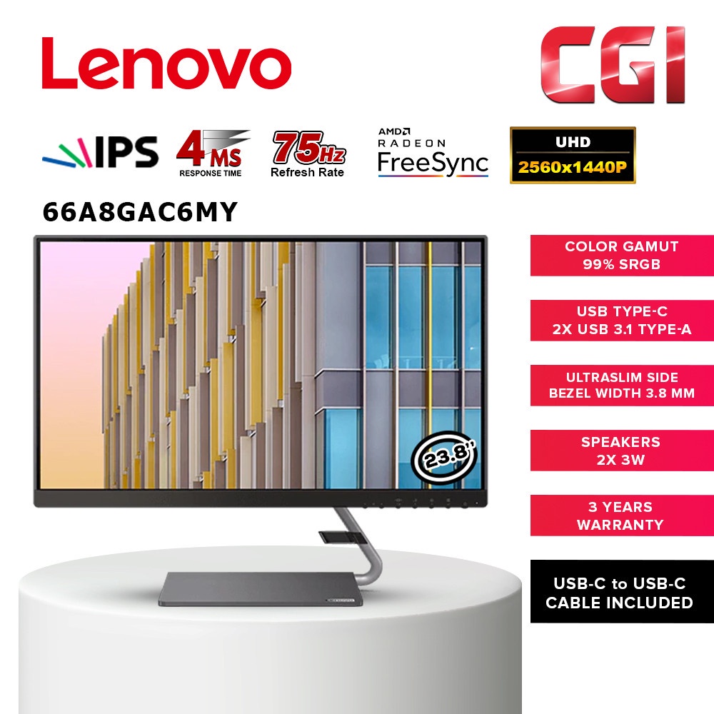 Lenovo Q24H10 23.8" QHD IPS HDMI DP USB TypeC Ultraslim Monitor