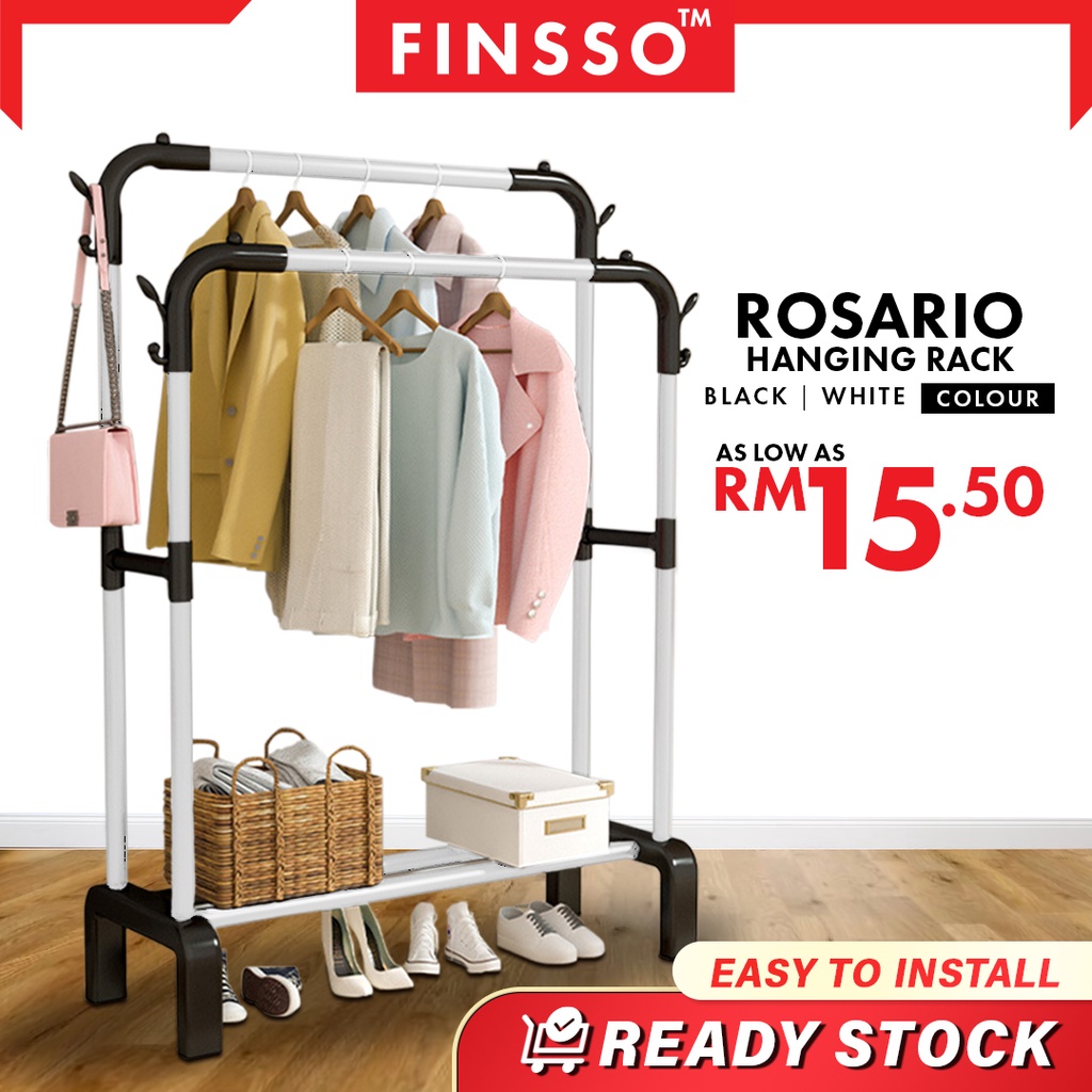 READY STOCK FINSSO : ROSARIO Single or Double Hanging Rack / Ampaian Penyidai Baju / 3 Tier Foldable Clothes Drying Rack