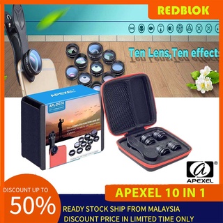 🔥 Ready Stock 🔥 REDBLOK Apexel 10in1 Phone camera Lens Kit  Fisheye  Wide Angle macro 2X telescope  Lens (APL-DG10) 198°