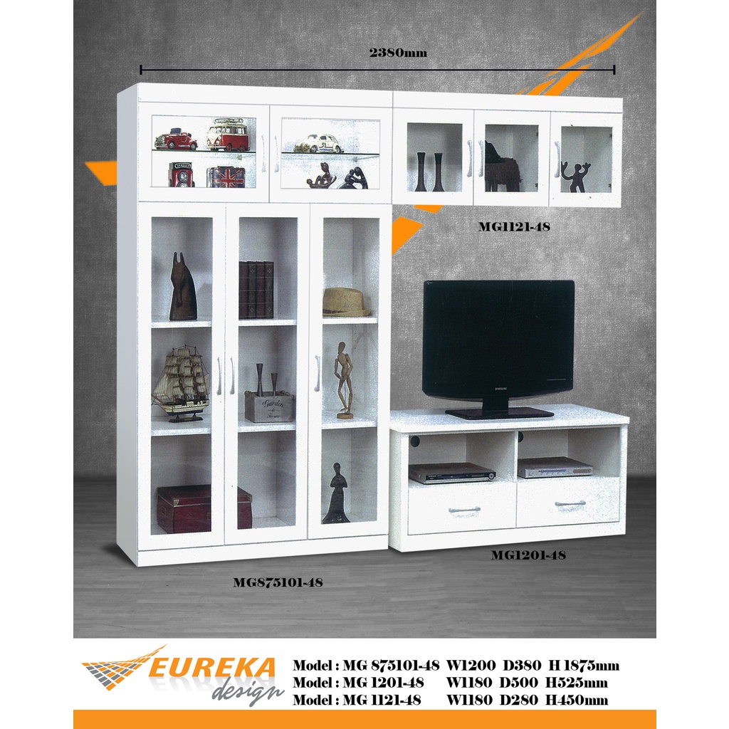 EUREKA 8ft 3in1 TV Book Shelf Drawer Wood Glass / Almari