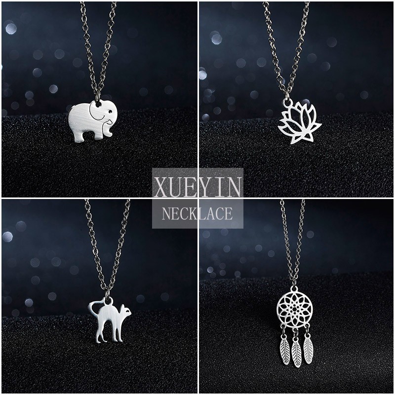 Stainless Steel Glossy Pendant Necklace Dream Catcher Yoga Lotus Hollow Animal Elephant Cat Cute Necklace Jewelry